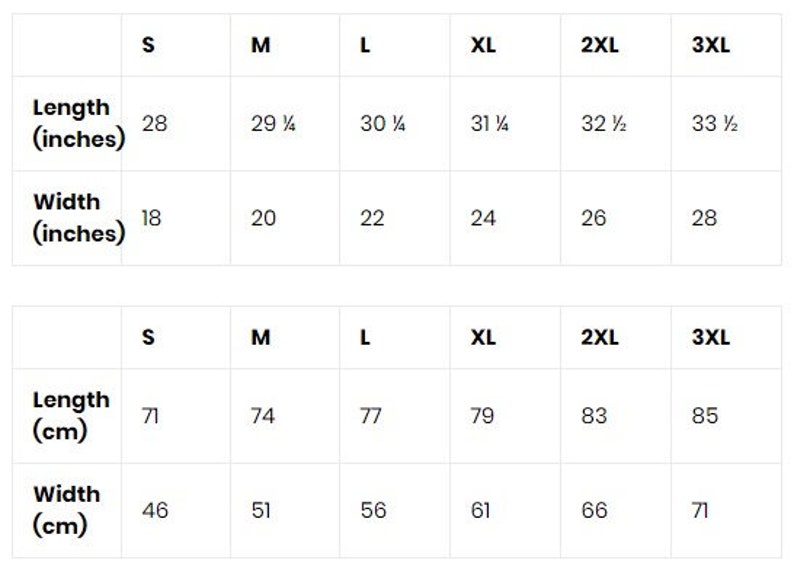 May include: Size chart showing measurements in inches and centimeters for a garment. The chart includes sizes S, M, L, XL, 2XL, and 3XL. Measurements are provided for length and width.