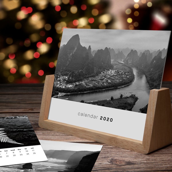 Desk Calendar 2020 / Calendar Gift / Wooden Calendar Stand / Fine Art Photography Images / Black and White Scenery