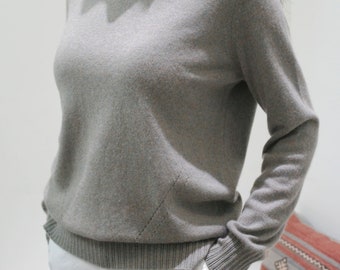 Women's Crew Neck Cashmere Pullover with Pointelle Detail/ Antipilling Cashmere/ 80%Cashmere/ Slate Mélange Gray