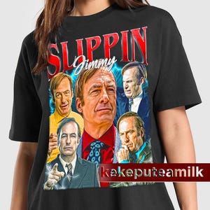 May include: Black t-shirt with a graphic print of a collage of images of Jimmy McGill from the TV show Better Call Saul. The text "Slippin' Jimmy" is printed in white on the shirt.