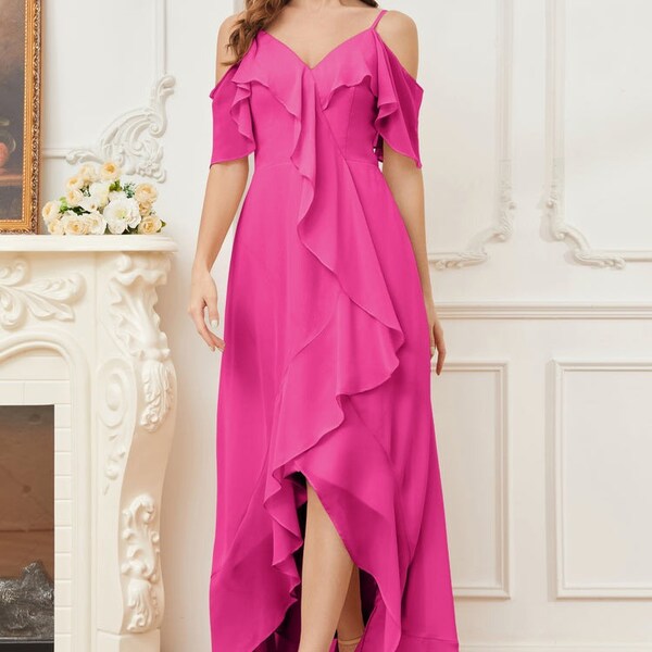 Fuchsia floor length spaghetti straps bridesmaid dresses, short sleeves dress, chiffon elegant bridesmaid dress, ruffles bridesmaid dress