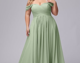 Dusty Sage Sleeveless Plus Size Bridesmaid Dress, A Line Sweetheart Off the Shoulder Bridesmaid Dress, Plus Size Chiffon Bridesmaid Dress