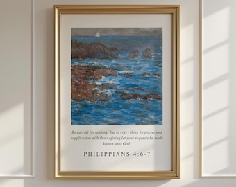Wydruk wersetu biblijnego z Listu do Filipian 4:6-7, grafika biblijna przedstawiająca ocean przybrzeżny (pobranie cyfrowe)