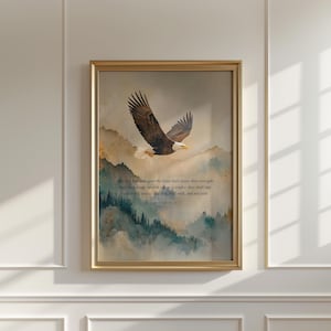 Può includere: Un dipinto ad acquerello di un'aquila calva che vola sopra un paesaggio montano. Il dipinto presenta una citazione di Isaia 40:31: "Ma quelli che aspettano il Signore rinnoveranno le loro forze; saliranno con ali come aquile; correranno e non si stancheranno; cammineranno e non si affaticheranno."