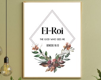 El Roi Name of God Wall Art, The God Who Sees, Hebrew Name of God Wall Art with Scripture Reference, Modern Christian Decor, Digital Print