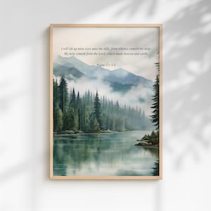 Psalm 121:1-2 Christian Landscape Art, Misty Forest Scripture Printable (Digital Download)