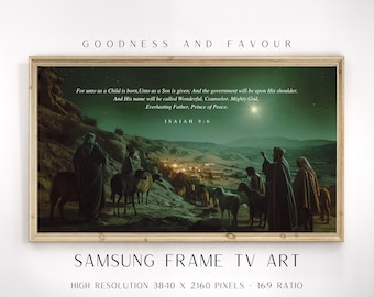 May include: A rectangular framed digital artwork displaying a night scene with figures and sheep on a hillside overlooking a village under a bright star. The text reads: For unto us a Child is born, Unto us a Son is given; Isaiah 9:6.