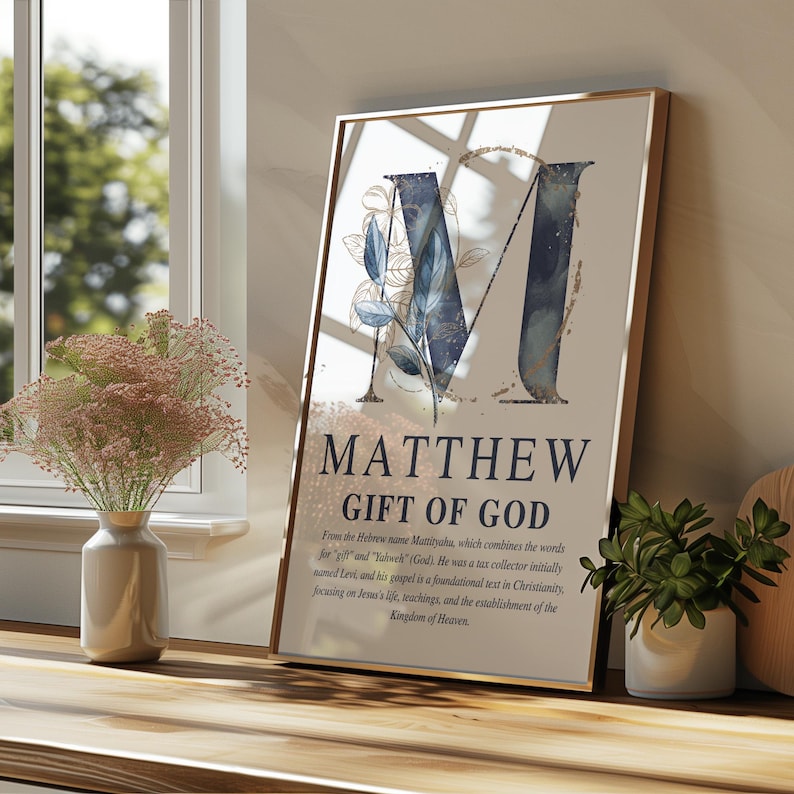 Personalized Christian boy name meaning wall art with navy and gold monogram and Bible description, printable nursery decor.