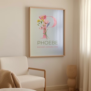 Estampado floral personalizado con el significado del nombre Phoebe: Regalo con versículos bíblicos cristianos (Descarga digital)
