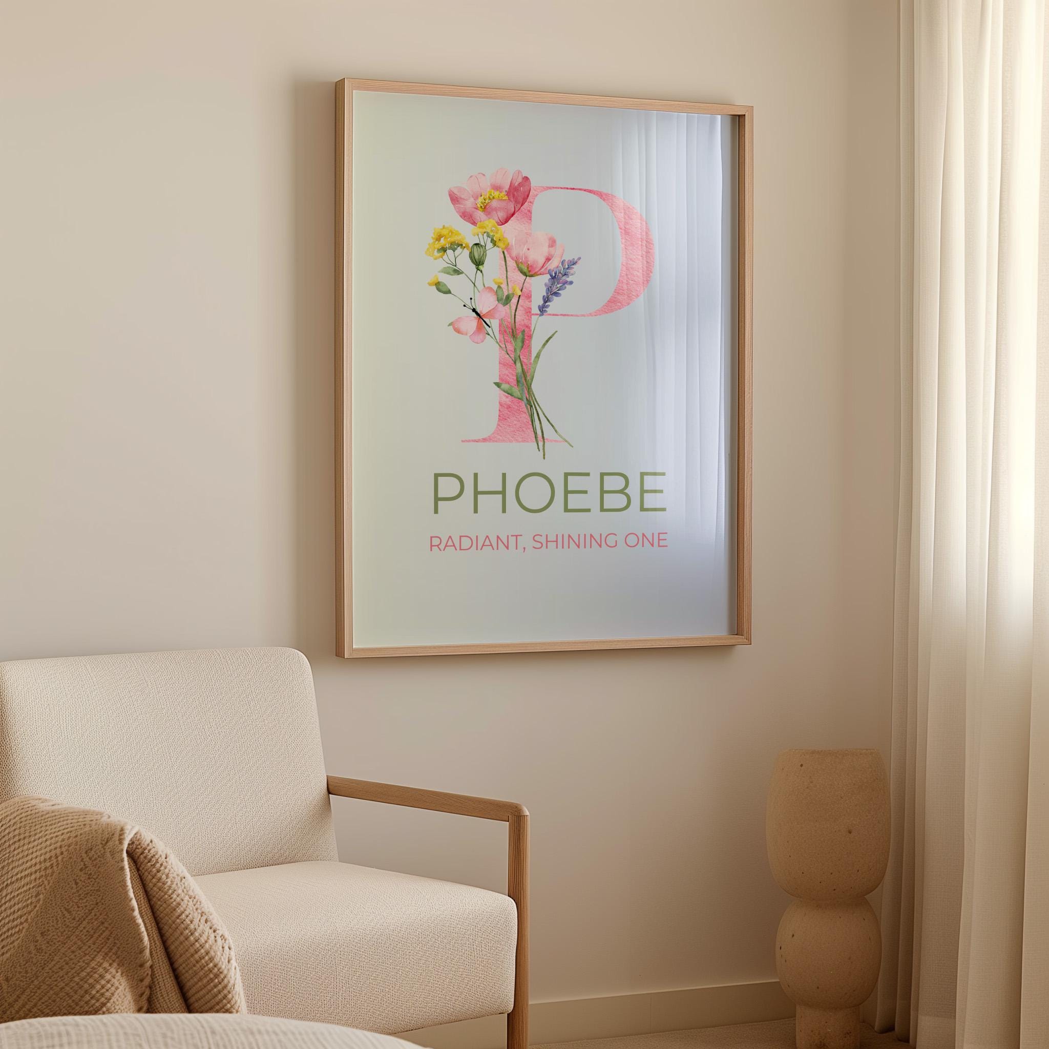 Phoebe Name Meaning Wall Art – Personalized Floral Monogram Print | Christian Name Sign | Radiant Shining One Scripture Gift for Her