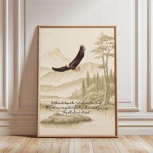 Isaiah 40:31 Eagle Wall Art Printable – Christian Scripture Decor, Soar on Wings Like Eagles, Bible Verse Mountain Landscape