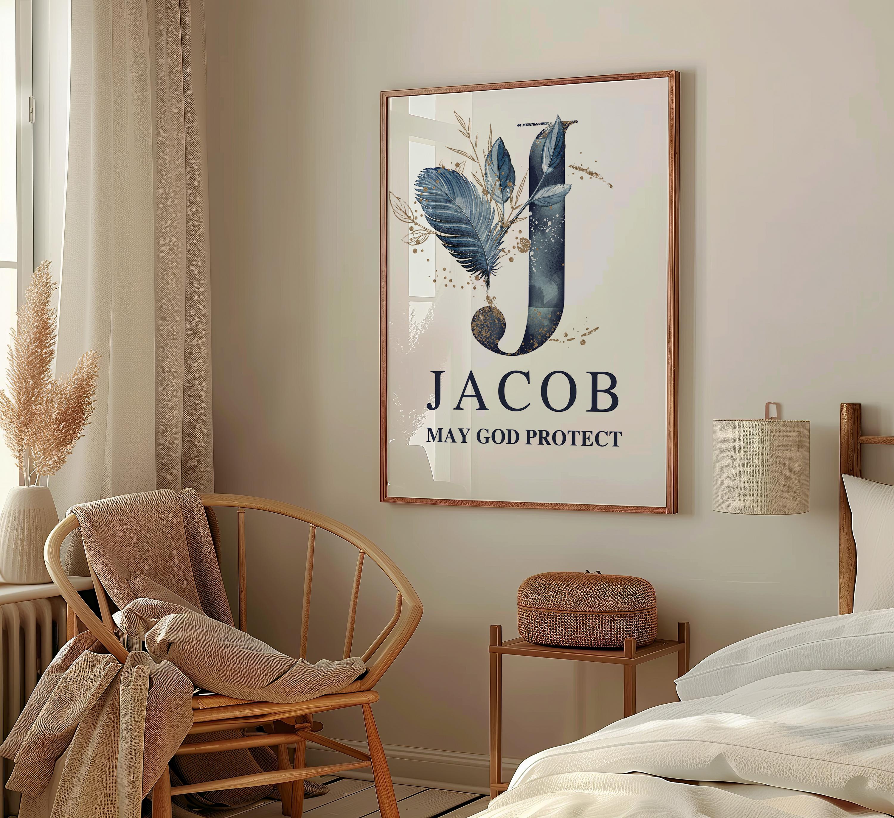 Personalized Jacob Name Print: Navy Floral Monogram, Christian