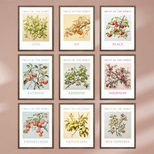 Fruit of the Spirit Wall Art Set of 9, Galatians 5:22-23 Printable Christian Home Decor, Vintage Botanical Bible Verse Prints Love Joy Peace
