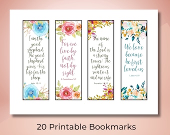 Puede incluir: Cuatro marcapáginas imprimibles con diseños florales y versículos bíblicos inspiradores. Los versículos son: "Yo soy el buen pastor. El buen pastor da su vida por las ovejas" (Juan 10:11), "Porque por fe andamos, no por vista" (2 Corintios 5:7), "El nombre del Señor es torre fuerte: el justo corre a ella, y está seguro" (Proverbios 18:10), y "Amamos porque él nos amó primero" (1 Juan 4:19).