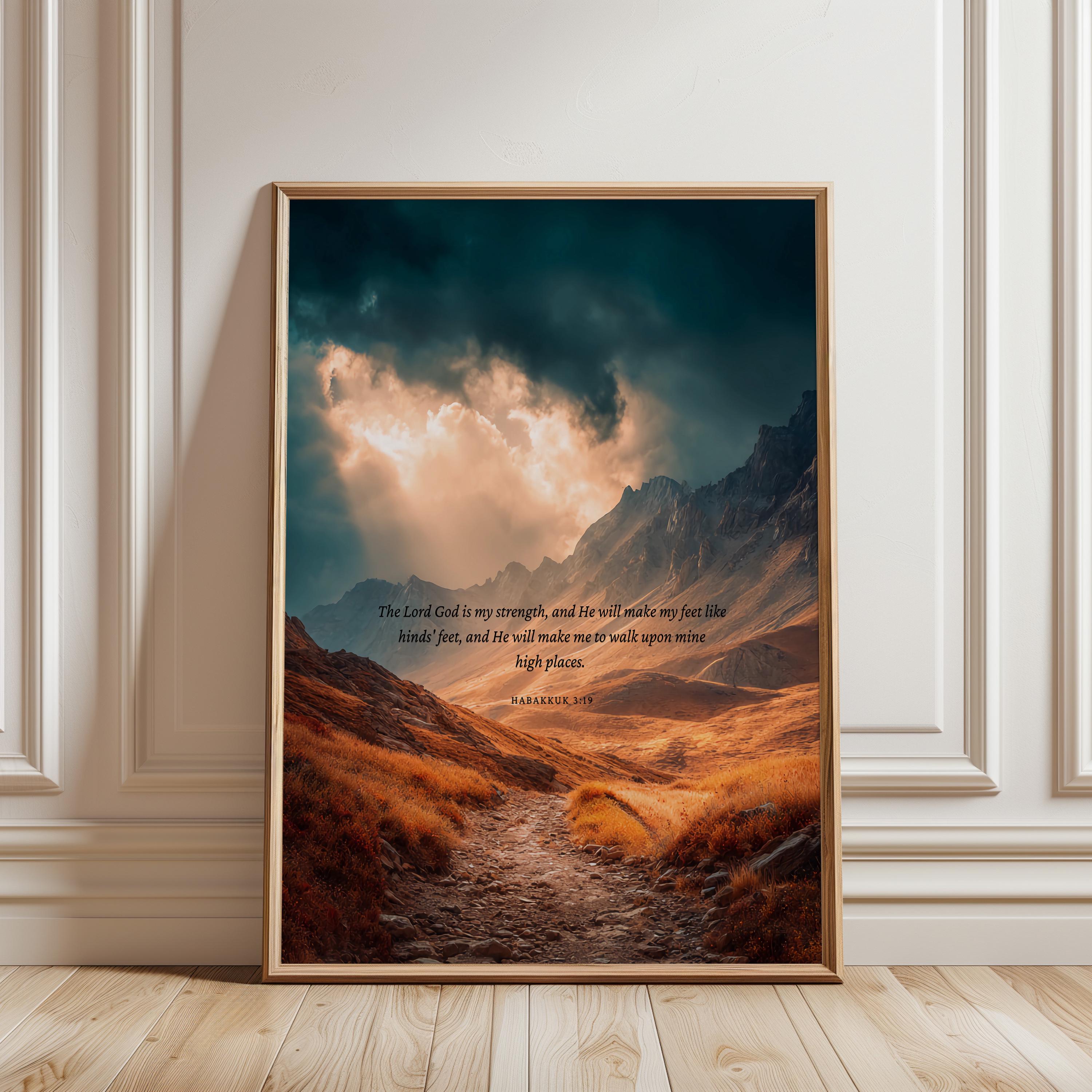 Habakkuk 3:19 Bible Verse Wall Art Print, The Lord God is My Strength Scripture Mountain Path Landscape,  Christian Home Decor Printable