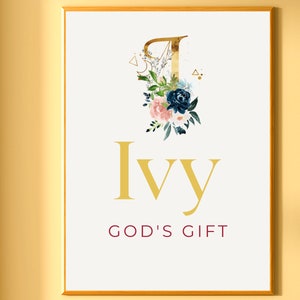 Ivy Baby Name Meaning Wall Art Printable, Custom Initial Print, Nursery Name Sign, Dedication Gift, New Baby Gift, Nursery Girl Room Decor
