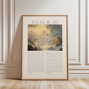 Może przedstawiać: Oprawiony wydruk z tekstem „PSALM 91”. Grafika przedstawia dramatyczny krajobraz z górami, chmurami i ptakiem w locie. Wydruk zawiera tekst biblijny w klasycznej czcionce.