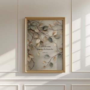 I AM the Vine Scripture Wall Art John 15:5, Christian Bible Verse Printable, Neutral Botanical Christian Decor