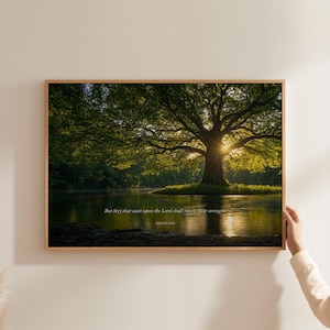 Art mural imprimable d&#39;Ésaïe 40:31 — « Ceux qui s&#39;attendent à l&#39;Éternel » | Arbre près des eaux | Téléchargement instantané