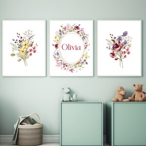 Custom name Set of 3 Nursery Printable, Set of 3 Baby Girls Floral Nursery Wall Art Prints, Girls Nursery Wall Art, Instant Digital Download image 7