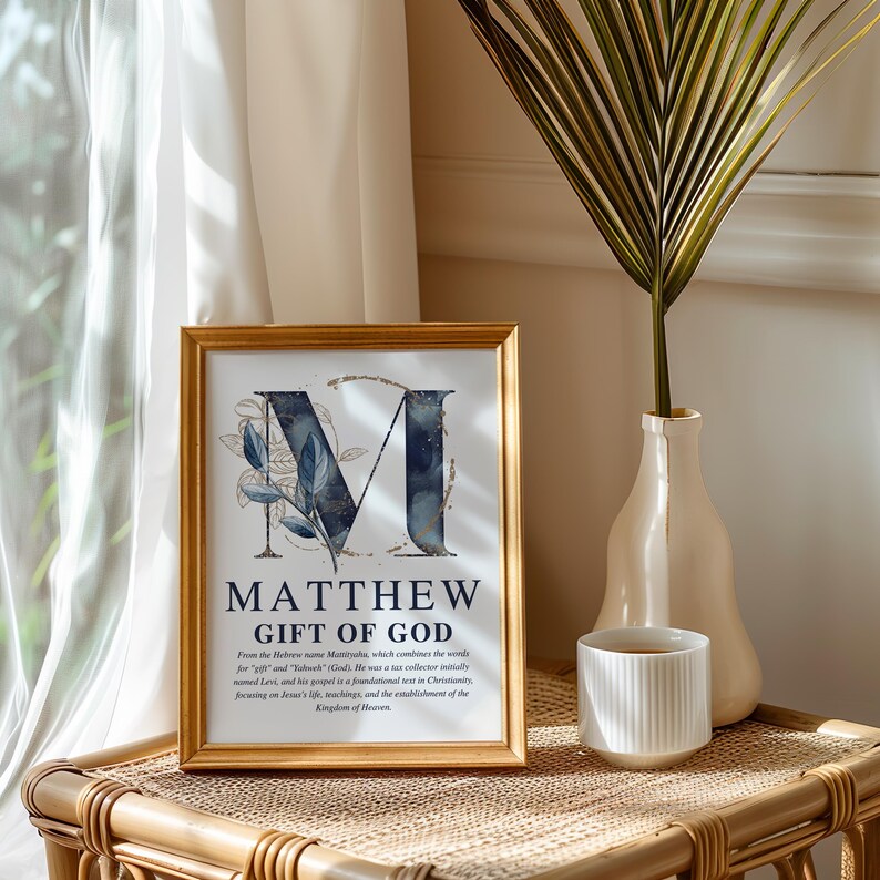 Personalized Christian boy name meaning wall art with navy and gold monogram and Bible description, printable nursery decor.
