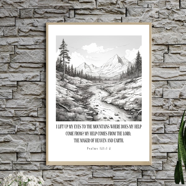 Psalm 121 Vintage Mountain Wall Print, I Lift Up My Eyes to The Mountains Bible Verse Poster, Scripture Art Print, Digital Wall Art Download