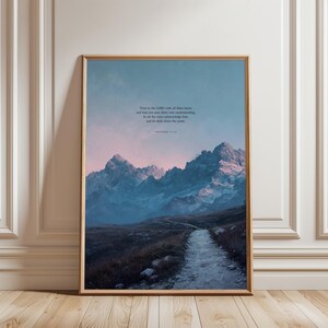 May include: A framed vertical wall art print featuring a mountain landscape at dusk with a winding path in the foreground. The sky transitions from soft pink to blue. The text reads: Trust in the LORD with all thine heart, and lean not unto thine own understanding. In all thy ways acknowledge him, and he shall direct thy paths. Proverbs 3:5-6.