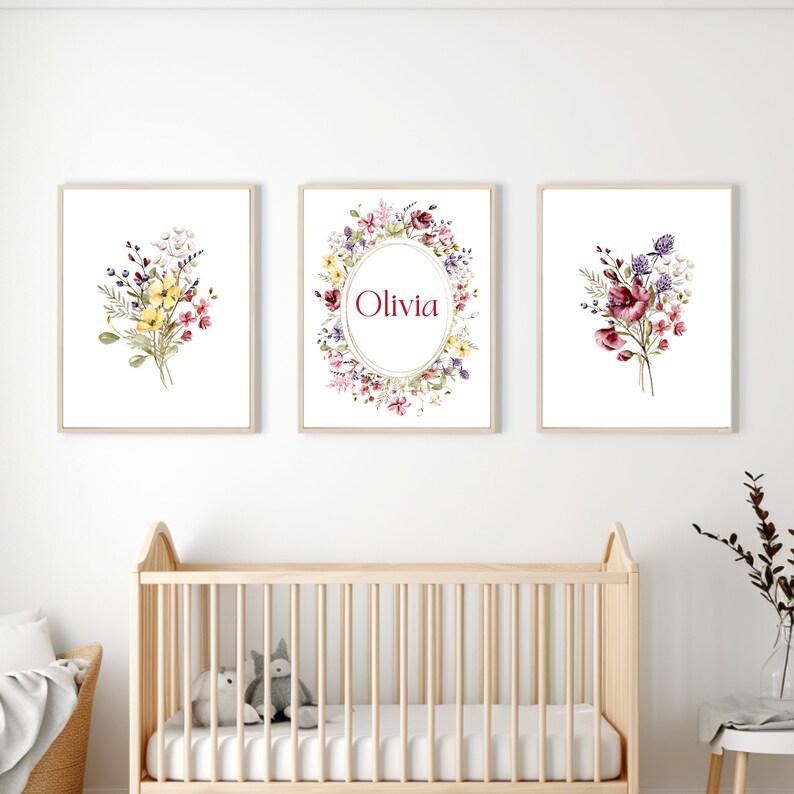 Custom name Set of 3 Nursery Printable, Set of 3 Baby Girls Floral Nursery Wall Art Prints, Girls Nursery Wall Art, Instant Digital Download image 4