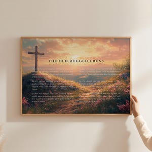 The Old Rugged Cross Hymn Wall Art • Christian Vintage Printable • Cross on Hill at Sunset • 24x18 Scripture Song Digital Download Decor