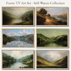 May include: A set of six framed landscape art prints from the "Still Waters Collection." Each print features a serene lake scene with mountains, trees, and sky. The prints are in a variety of colors, including greens, blues, and browns.