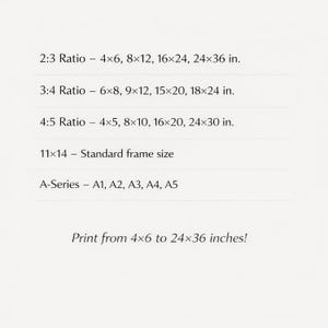 May include: A cream-colored graphic with text detailing print sizes and ratios. Includes 2:3, 3:4, and 4:5 ratios, with sizes ranging from 4x6 inches to 24x36 inches. Also lists A-series sizes and a standard 11x14 frame size.