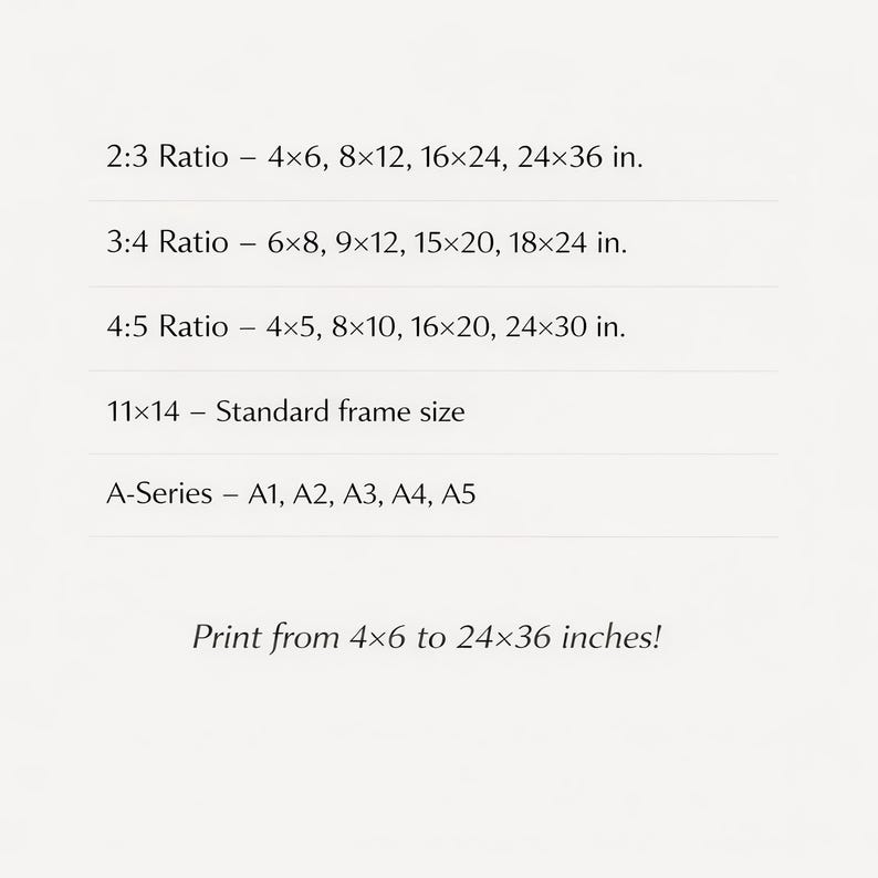 May include: A cream-colored graphic with text detailing print sizes and ratios. Includes 2:3, 3:4, and 4:5 ratios, with sizes ranging from 4x6 inches to 24x36 inches. Also lists A-series sizes and a standard 11x14 frame size.