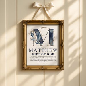 Personalized Christian boy name meaning wall art with navy and gold monogram and Bible description, printable nursery decor.