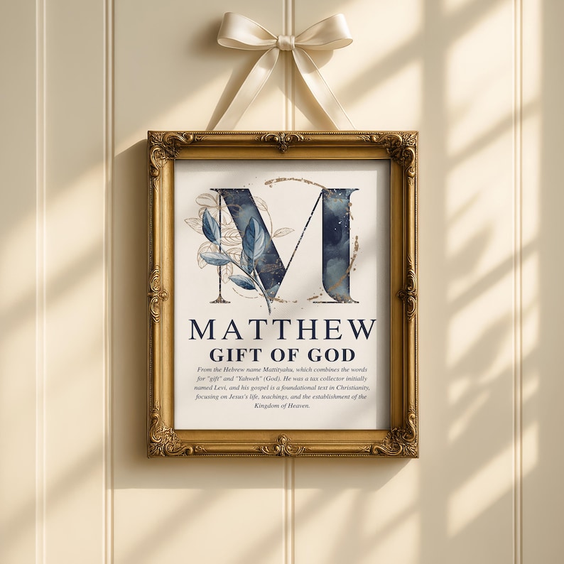 Personalized Christian boy name meaning wall art with navy and gold monogram and Bible description, printable nursery decor.
