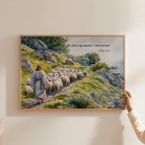 Psalm 23:1 Wall Art Christian Print, The Lord is My Shepherd Scripture Poster, Watercolor Jesus and Sheep Bible Verse Living Room Decor