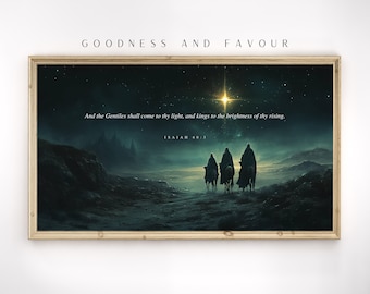 May include: A framed print featuring a celestial scene with three figures on horseback, illuminated by a bright star. The text "GOODNESS AND FAVOUR" is at the top, with a biblical quote below. The artwork is set in a dark, atmospheric landscape.