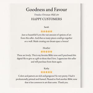 May include: A printed wall art piece with the text "Goodness and Favour" and "Timeless Christian Wall Art." The image includes customer reviews with star ratings. The overall theme is Christian wall art.