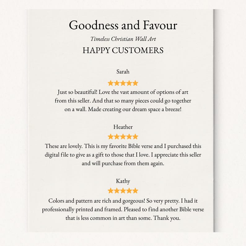 May include: A printed wall art piece with the text "Goodness and Favour" and "Timeless Christian Wall Art." The image includes customer reviews with star ratings. The overall theme is Christian wall art.
