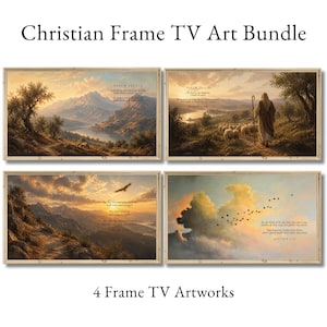 Op de afbeelding: Een bundel van vier ingelijste kunstwerken voor een tv-scherm. Elk kunstwerk toont een landschap met bijbelteksten. De scènes omvatten bergen, een herder met schapen, een adelaar en vogels in een zonsondergang.
