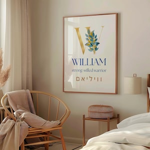 William Name Meaning Print, Strong-Willed Warrior Name Art, Floral Monogram W, Hebrew Name Poster, Boy Nursery Christian Wall Art Gift