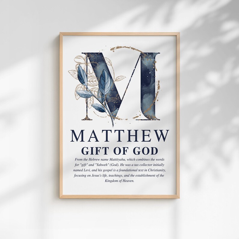 Personalized Christian boy name meaning wall art with navy and gold monogram and Bible description, printable nursery decor.