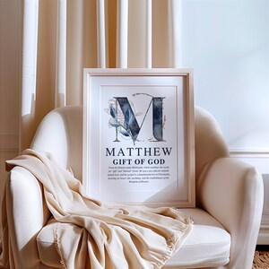 Personalized Christian boy name meaning wall art with navy and gold monogram and Bible description, printable nursery decor.