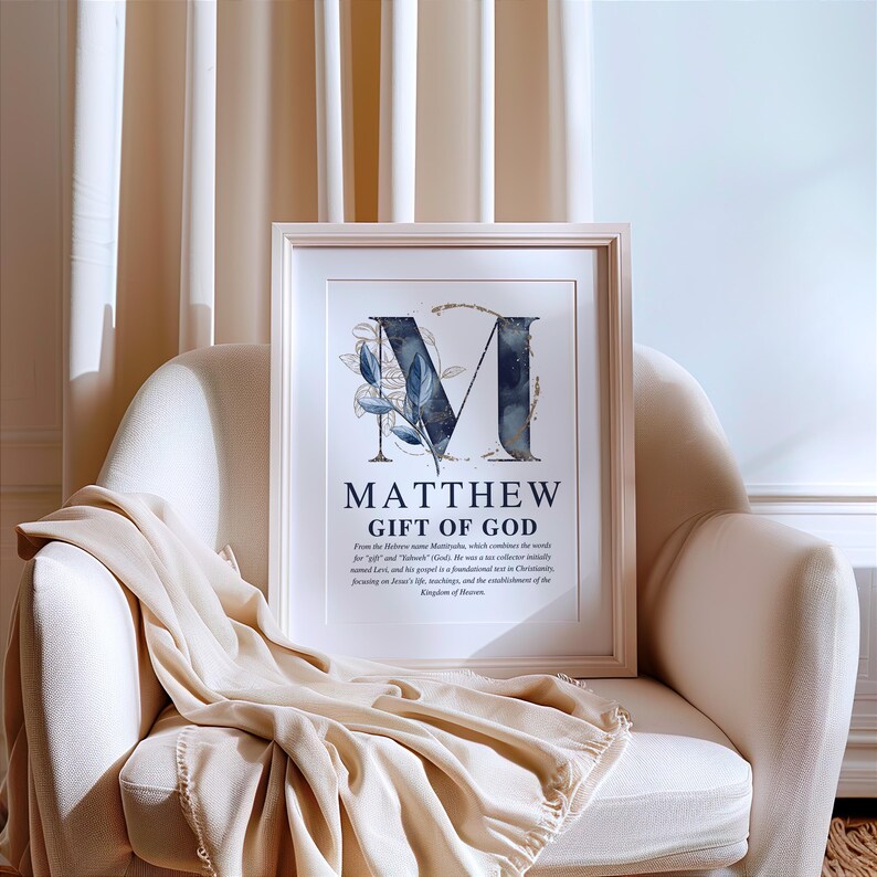 Personalized Christian boy name meaning wall art with navy and gold monogram and Bible description, printable nursery decor.