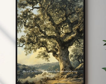 Psalm 1 Christian Wall Art Printable Encouraging Bible Verse Print He Will Be Like a Tree Vintage Tree Wall Art Modern Scripture Poster Gift