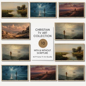 May include: A collection of ten framed Christian TV art prints. The art features serene landscapes with figures, boats, and scripture. The central image displays the text "CHRISTIAN TV ART COLLECTION 10 WITH & WITHOUT SCRIPTURE 16:9 Frame TV Art Bundle."