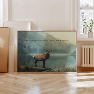 Come il cervo anela all&#39;acqua, Salmo 42:1 KJV, stampa murale con cervo cristiano, paesaggio con versetti biblici, decorazione murale con lago nel bosco