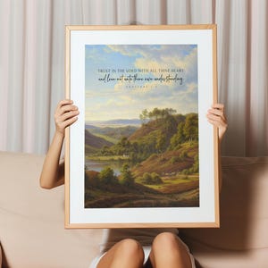 Proverbs 3:5 Wall Art | Trust in the Lord Scripture Print | Christian Landscape Bible Verse Poster | Vintage Pastoral Faith Decor
