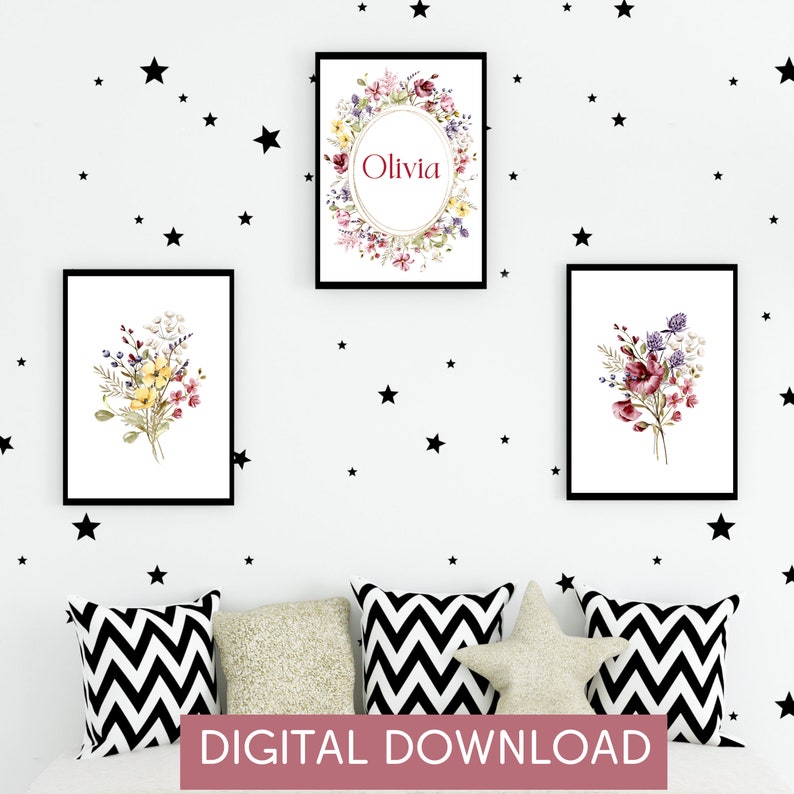 Custom name Set of 3 Nursery Printable, Set of 3 Baby Girls Floral Nursery Wall Art Prints, Girls Nursery Wall Art, Instant Digital Download image 2