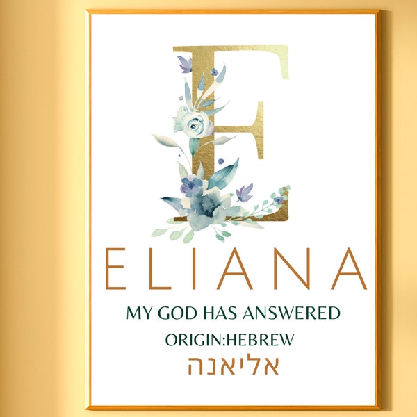 Personalized Eliana Name Meaning Print, Custom Name Girl, Printable Name Art, Watercolor Blue Flowers, Boho Print Floral, Dedication Gifts