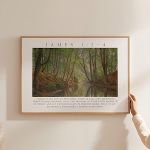 James 1: 2-4 Wandkunst zum ausdrucken, Bibel Vers Waldlandschaft, Zähle es alle Freude Schrift Dekor, christlicher digitaler Download